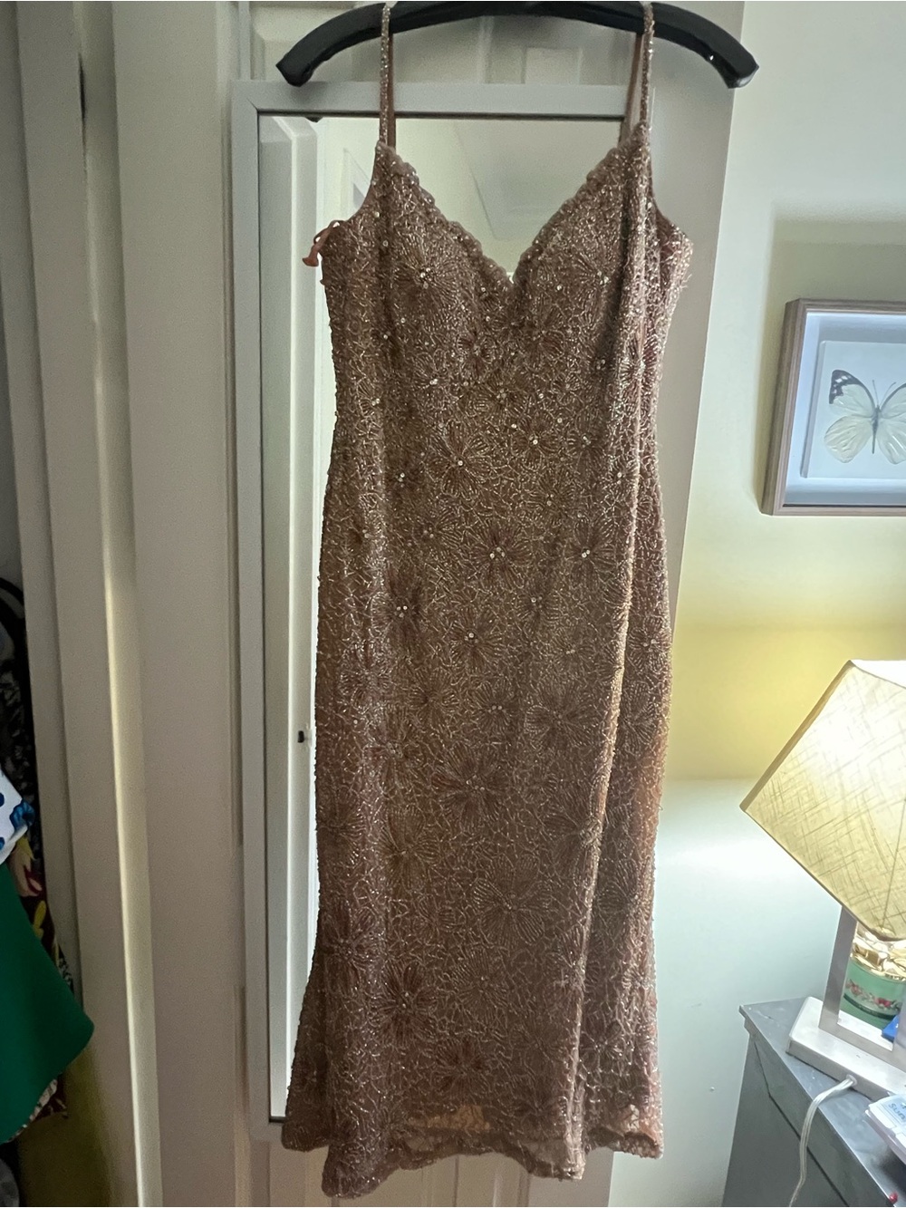 Beaded Rose Gold Maxi Slip Dress with Spaghetti Straps